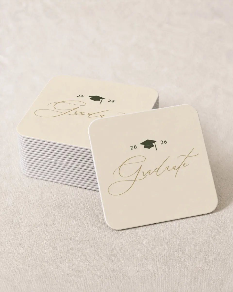This is a 4" x 4" Wedding Coaster called Mature Minimalist printed in full color on Kraft Chipboard paper