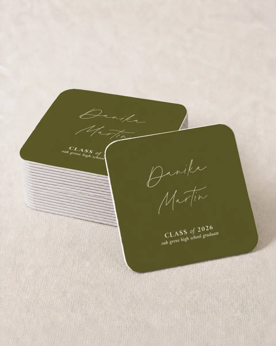 This is a 4" x 4" Wedding Coaster called Monumental Moment printed in full color on Kraft Chipboard paper