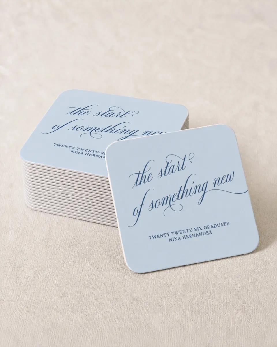 This is a 4" x 4" Wedding Coaster called The End of an Era printed in full color on Kraft Chipboard paper