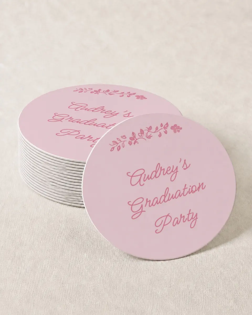 This is a 4" x 4" Wedding Coaster called Happily in Bloom printed in full color with Gold foil on Kraft Chipboard paper