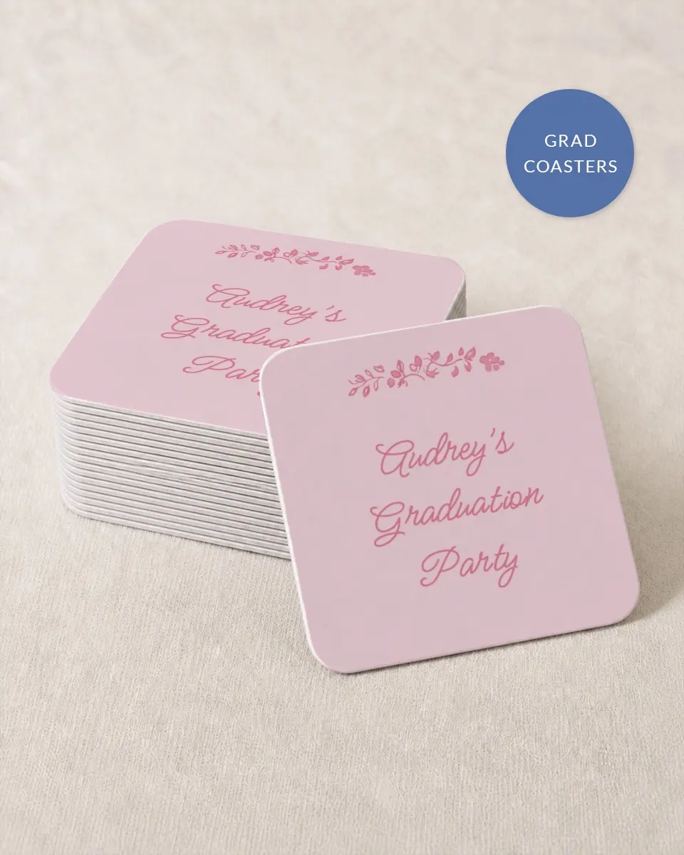 This is a 4" x 4" Wedding Coaster called Happily in Bloom printed in full color with Gold foil on Kraft Chipboard paper