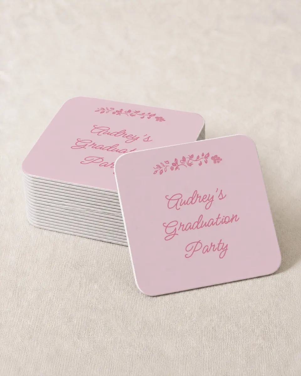 This is a 4" x 4" Wedding Coaster called Happily in Bloom printed in full color with Gold foil on Kraft Chipboard paper