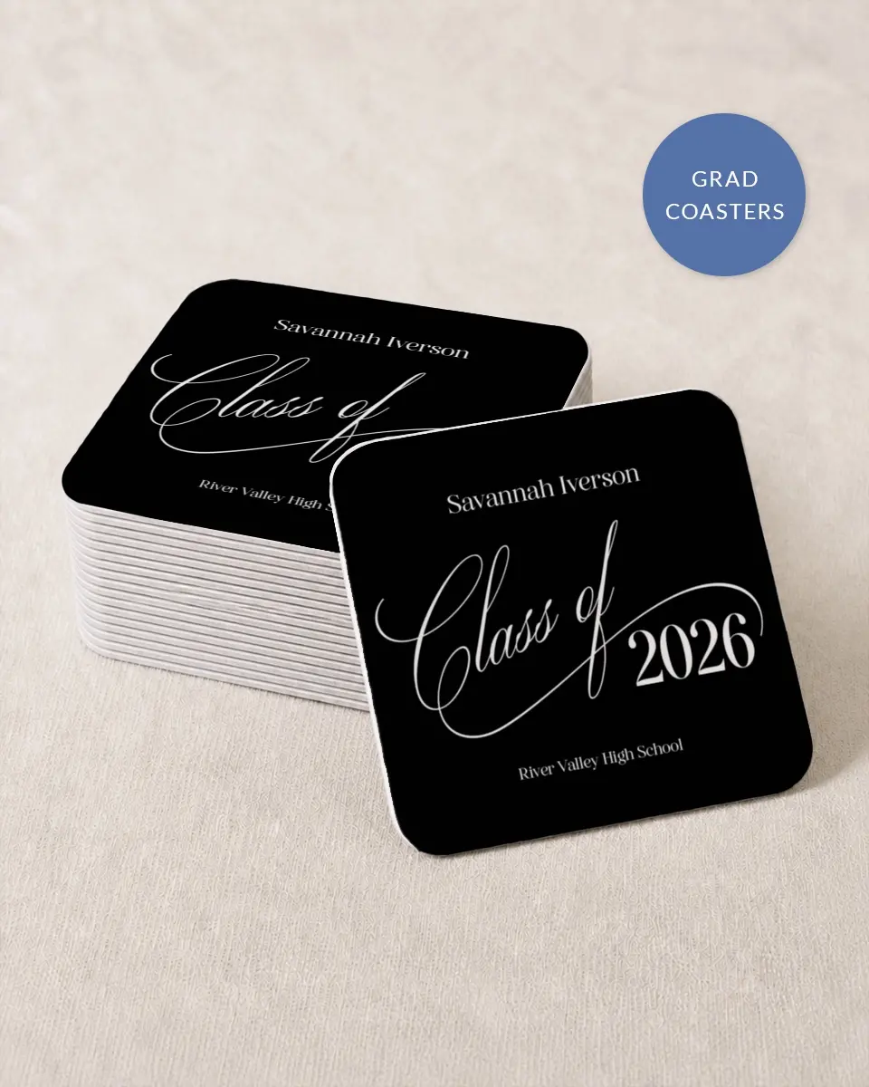This is a 4" x 4" Wedding Coaster called Smart & Classy printed in full color with Gold foil on Kraft Chipboard paper
