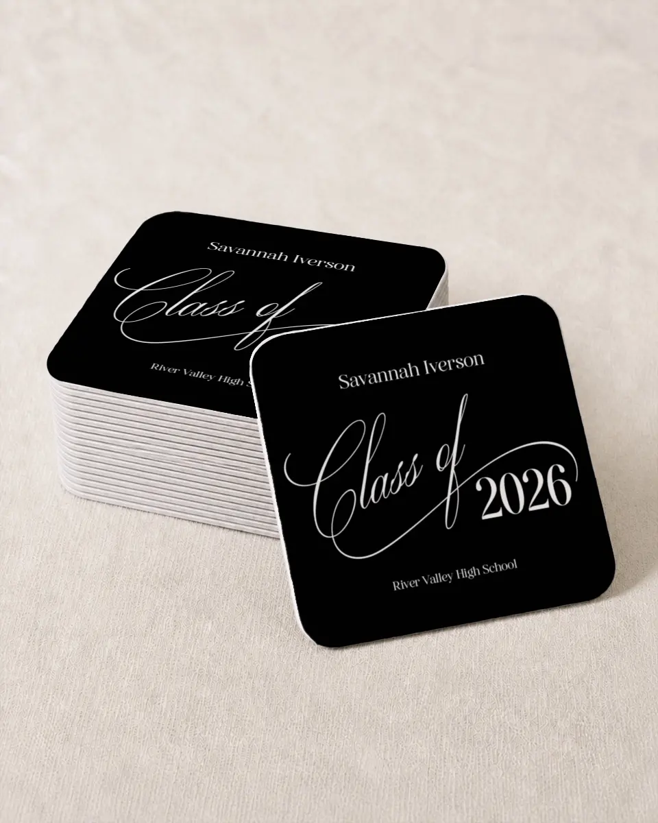 This is a 4" x 4" Wedding Coaster called Smart & Classy printed in full color on Kraft Chipboard paper