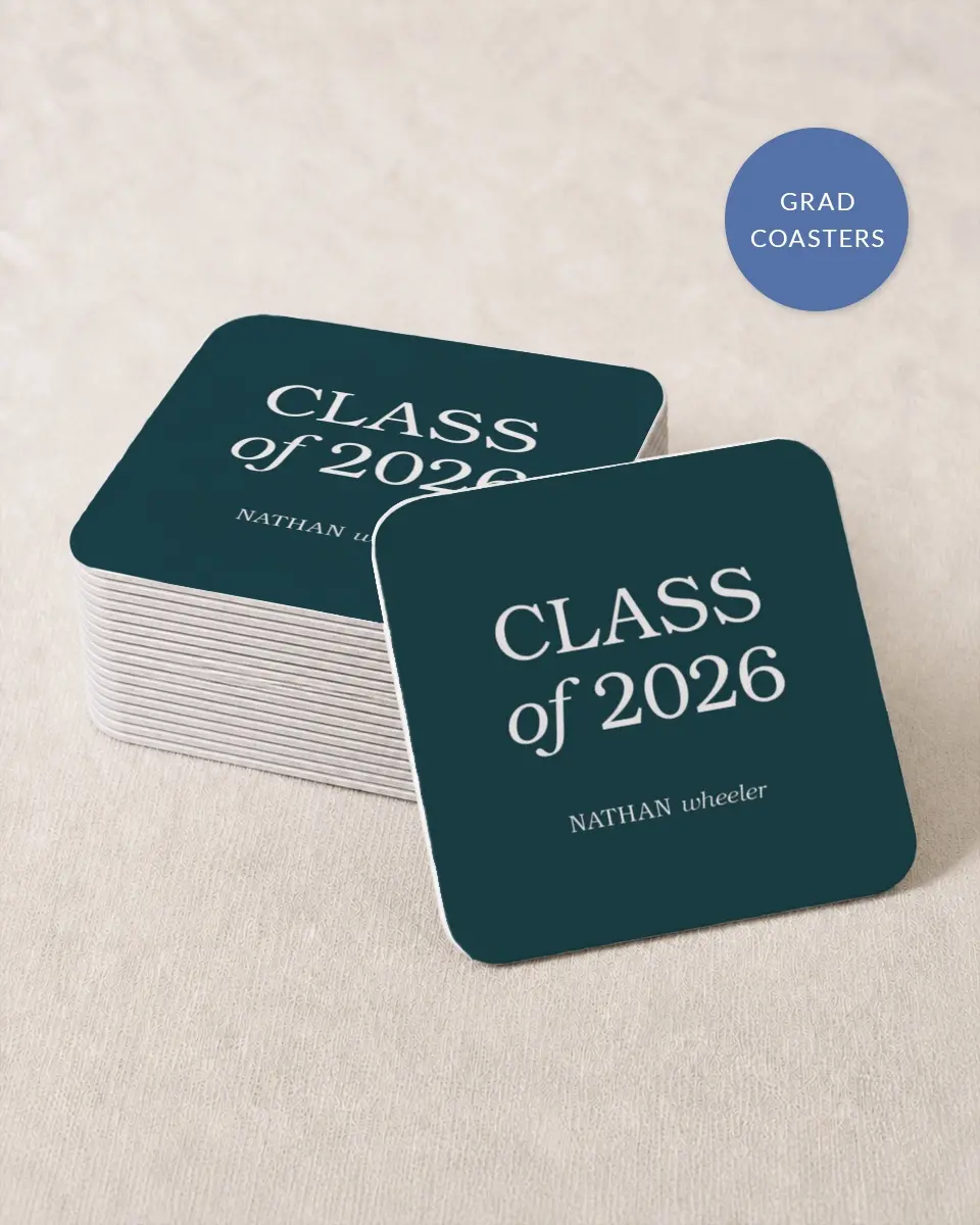 This is a 4" x 4" Wedding Coaster called Sky's the Limit printed in full color with Silver foil on Kraft Chipboard paper