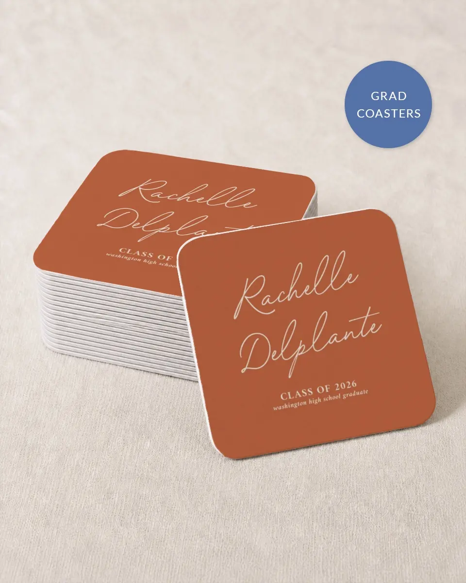 This is a 4" x 4" Wedding Coaster called Wholesome Grad printed in full color on Kraft Chipboard paper