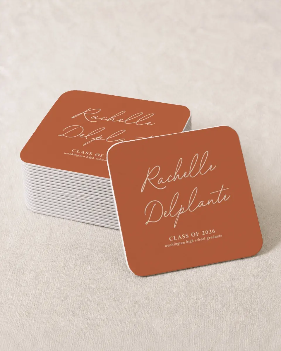 This is a 4" x 4" Wedding Coaster called Wholesome Grad printed in full color on Kraft Chipboard paper