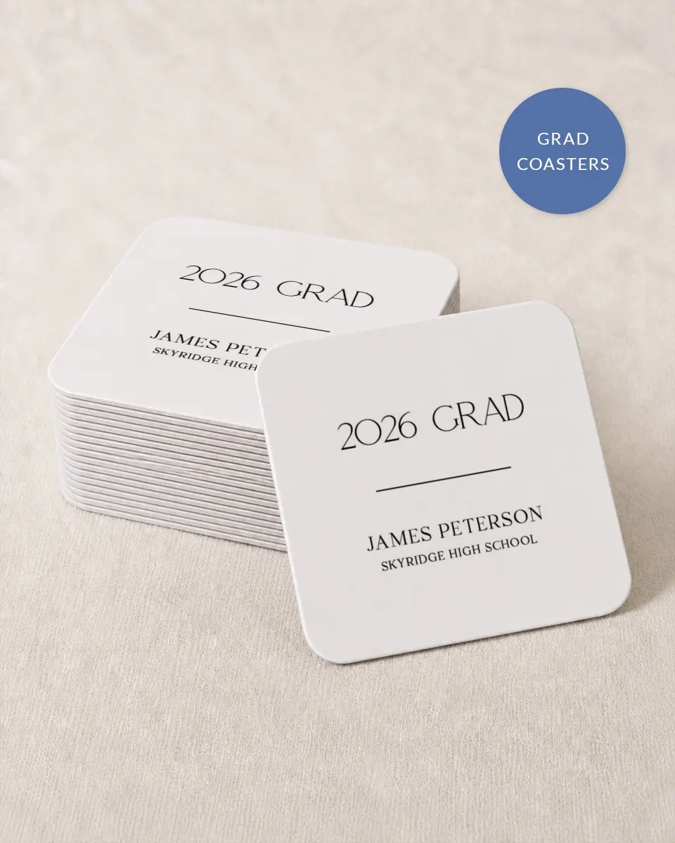 This is a 4" x 4" Wedding Coaster called Most Classic printed in full color on Kraft Chipboard paper