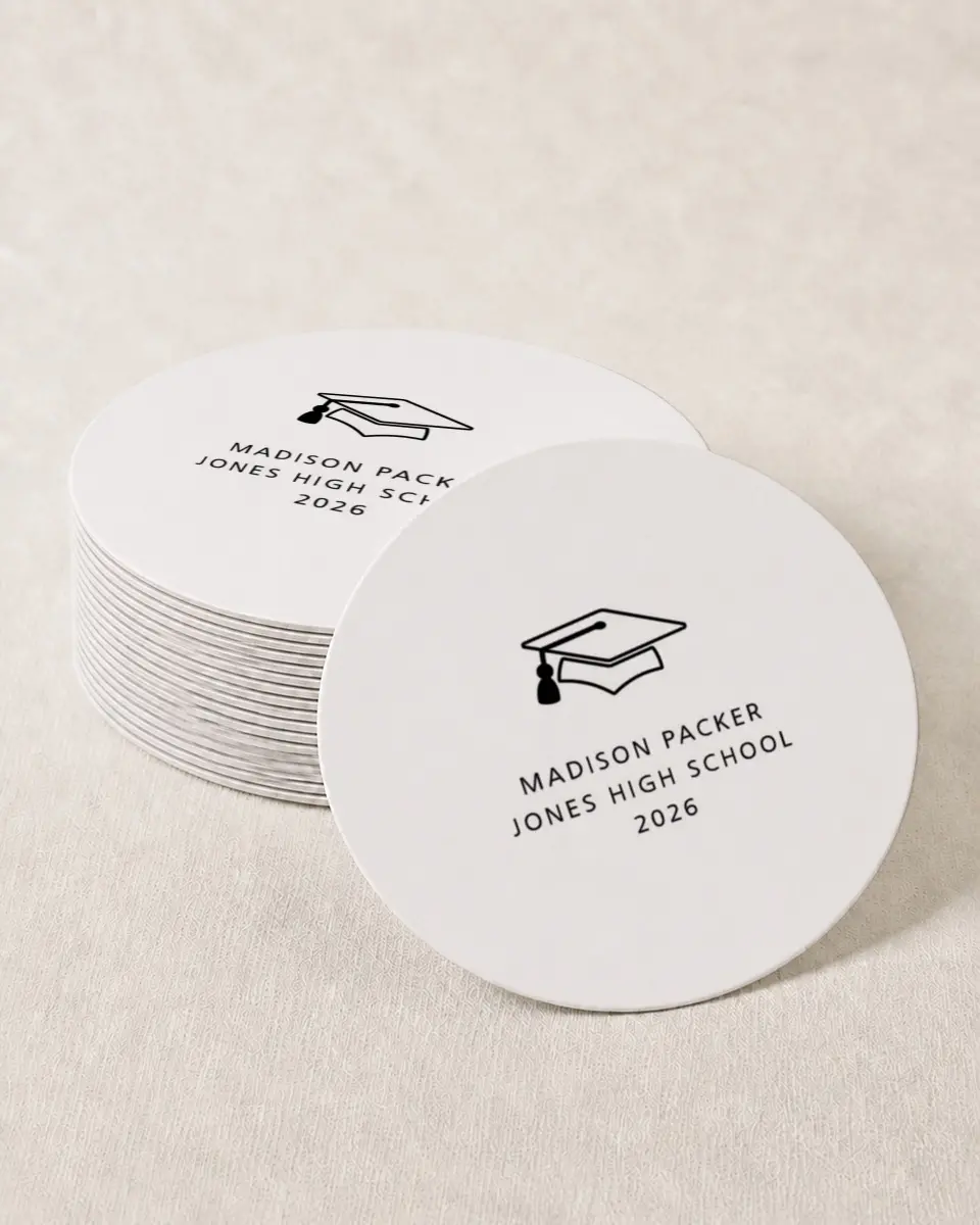 This is a 4" x 4" Wedding Coaster called Modern Grad printed in full color on Kraft Chipboard paper