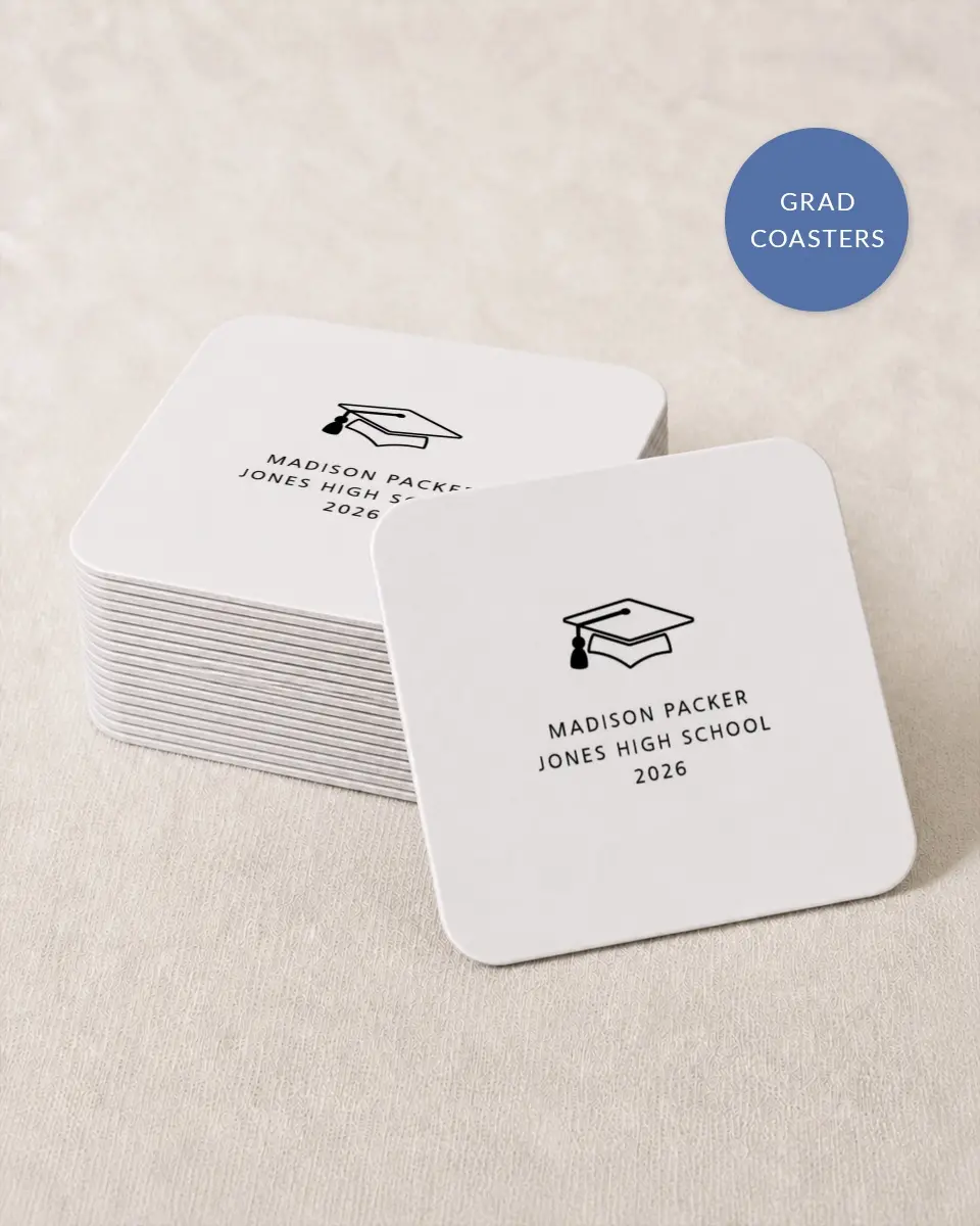 This is a 4" x 4" Wedding Coaster called Modern Grad printed in full color on Kraft Chipboard paper