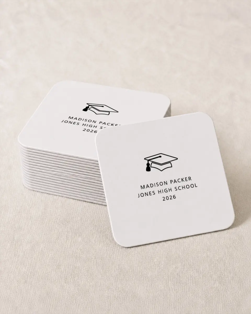 This is a 4" x 4" Wedding Coaster called Modern Grad printed in full color on Kraft Chipboard paper