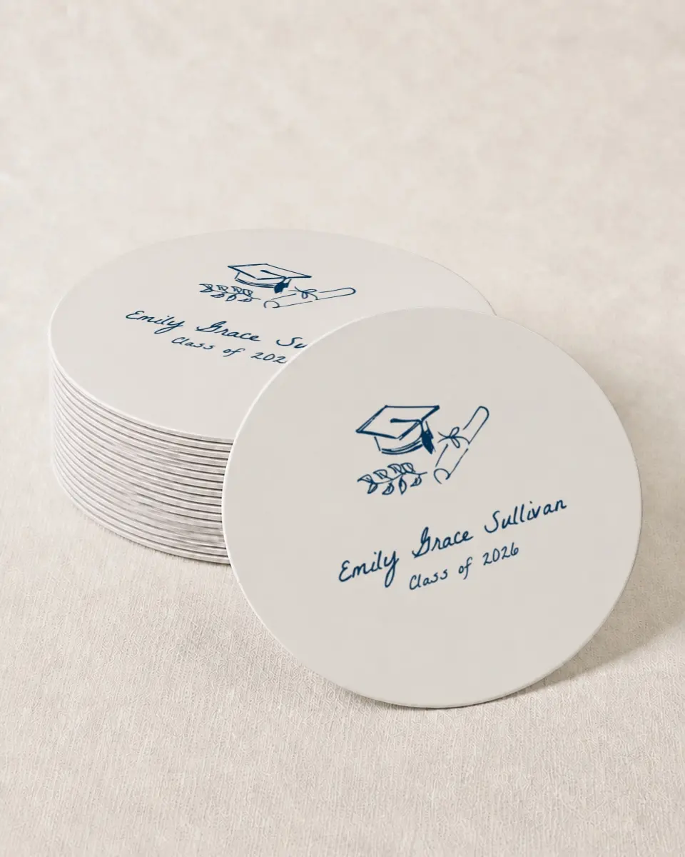 This is a 4" x 4" Wedding Coaster called Whimsical Grad printed in full color on Kraft Chipboard paper