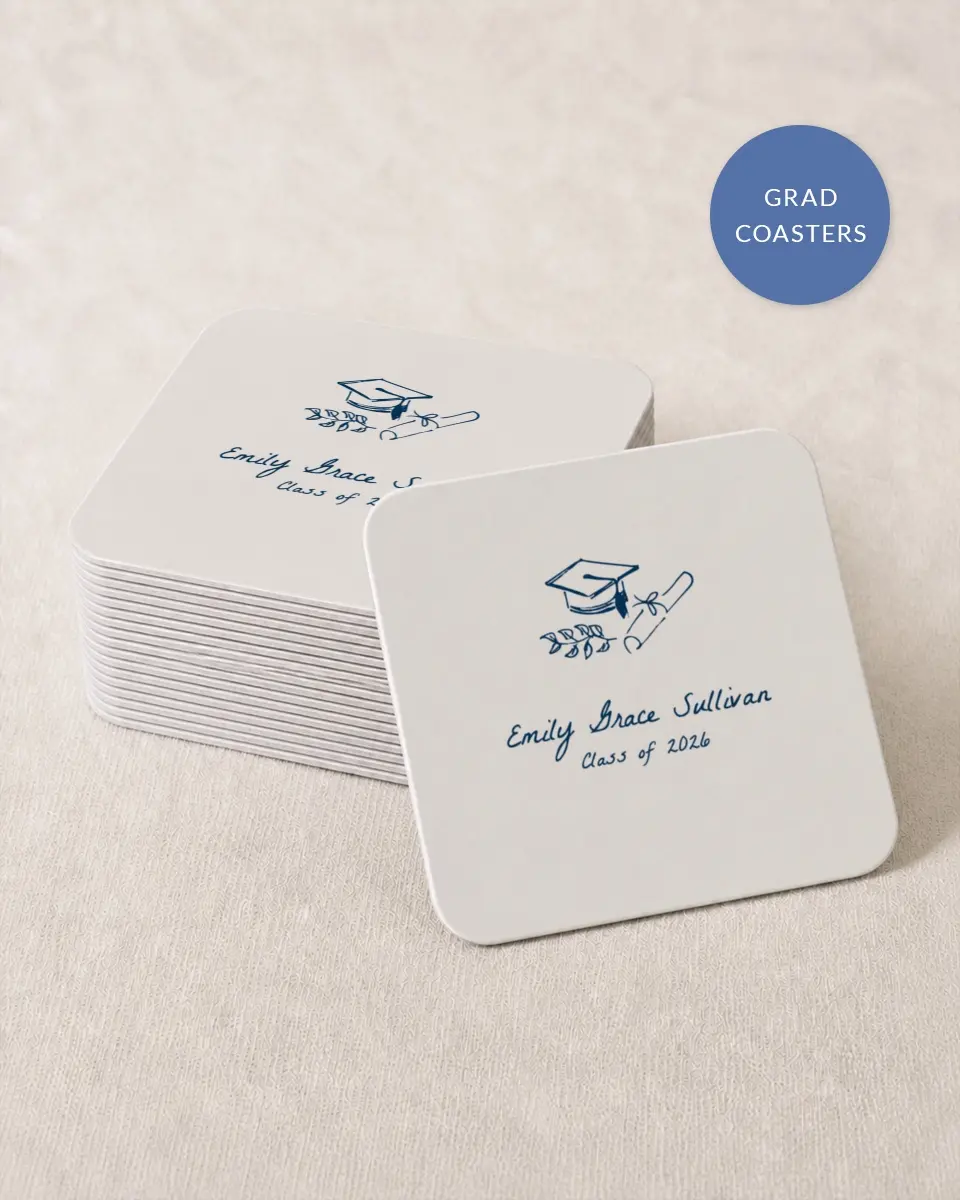 This is a 4" x 4" Wedding Coaster called Whimsical Grad printed in full color on Kraft Chipboard paper