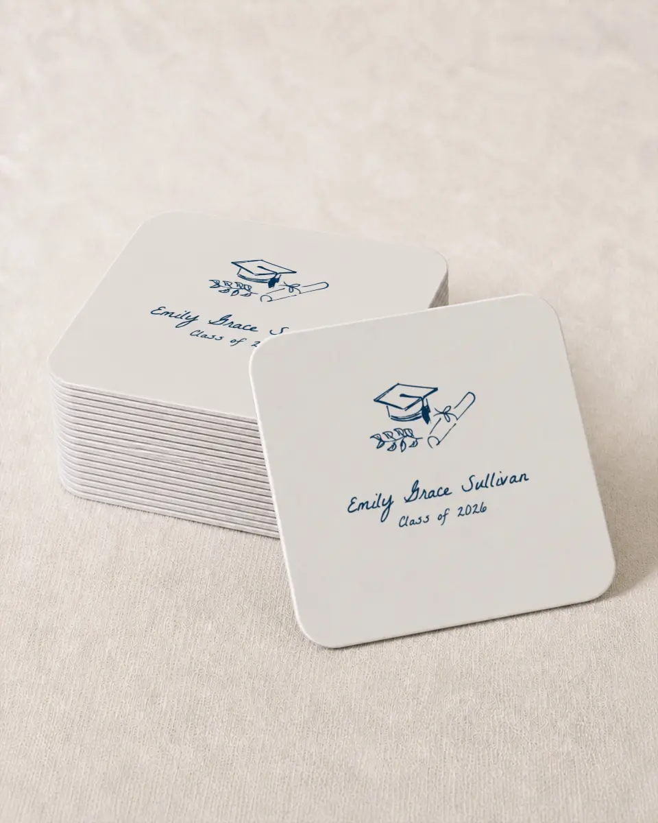 This is a 4" x 4" Wedding Coaster called Whimsical Grad printed in full color on Kraft Chipboard paper