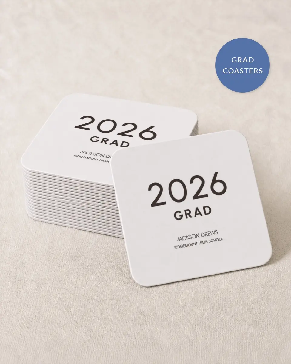 This is a 4" x 4" Wedding Coaster called Simple Graduate printed in full color on Kraft Chipboard paper