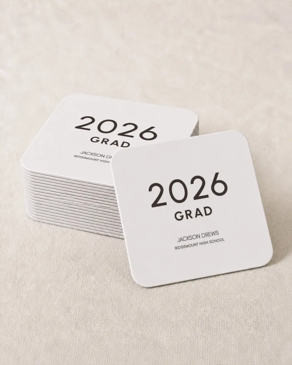 This is a 4" x 4" Wedding Coaster called Simple Graduate printed in full color on Kraft Chipboard paper