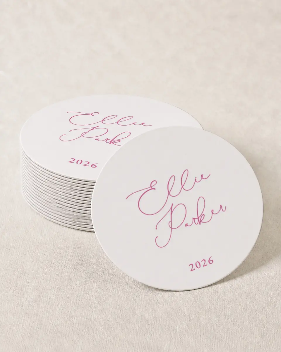 This is a 4" x 4" Wedding Coaster called Script Grad printed in full color on Kraft Chipboard paper