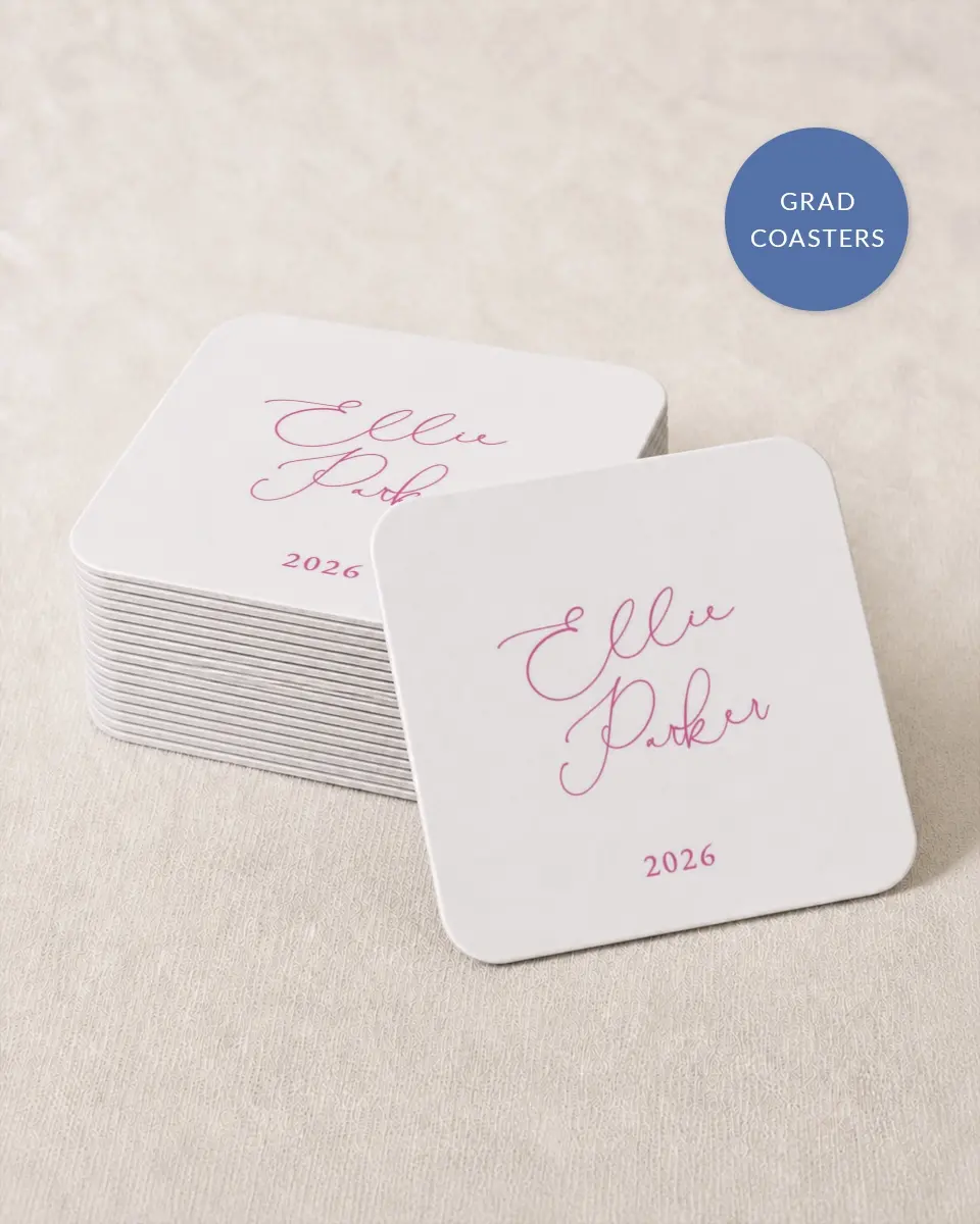 This is a 4" x 4" Wedding Coaster called Script Grad printed in full color with Rose Gold foil on Kraft Chipboard paper