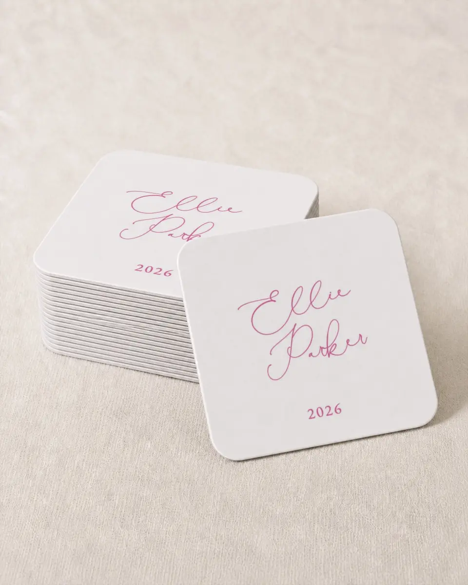 This is a 4" x 4" Wedding Coaster called Script Grad printed in full color on Kraft Chipboard paper