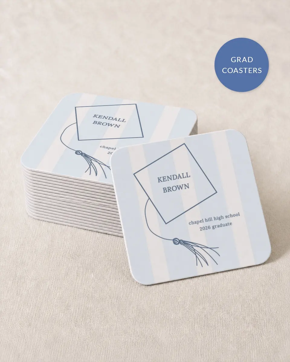 This is a 4" x 4" Wedding Coaster called Graduation Art printed in full color with Rose Gold foil on Kraft Chipboard paper