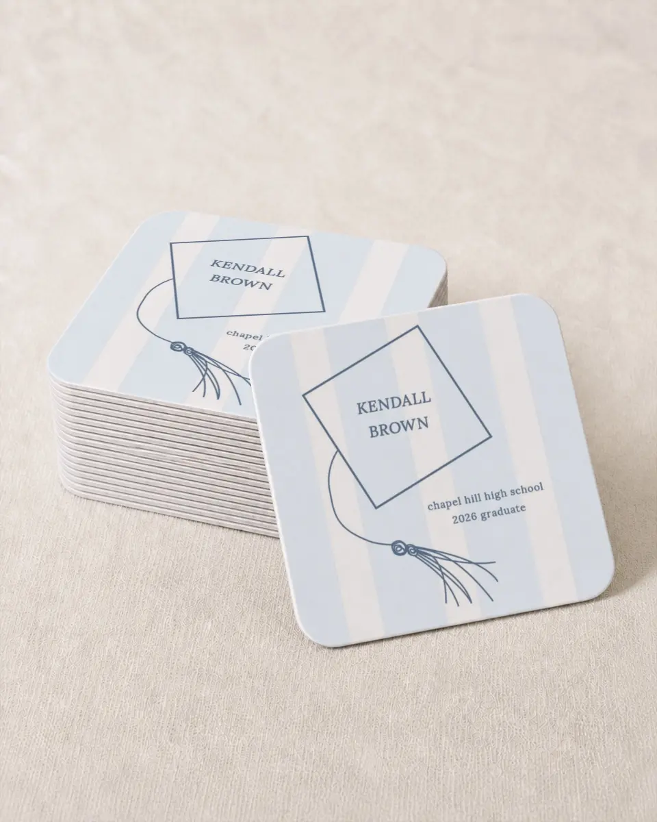 This is a 4" x 4" Wedding Coaster called Graduation Art printed in full color on Kraft Chipboard paper