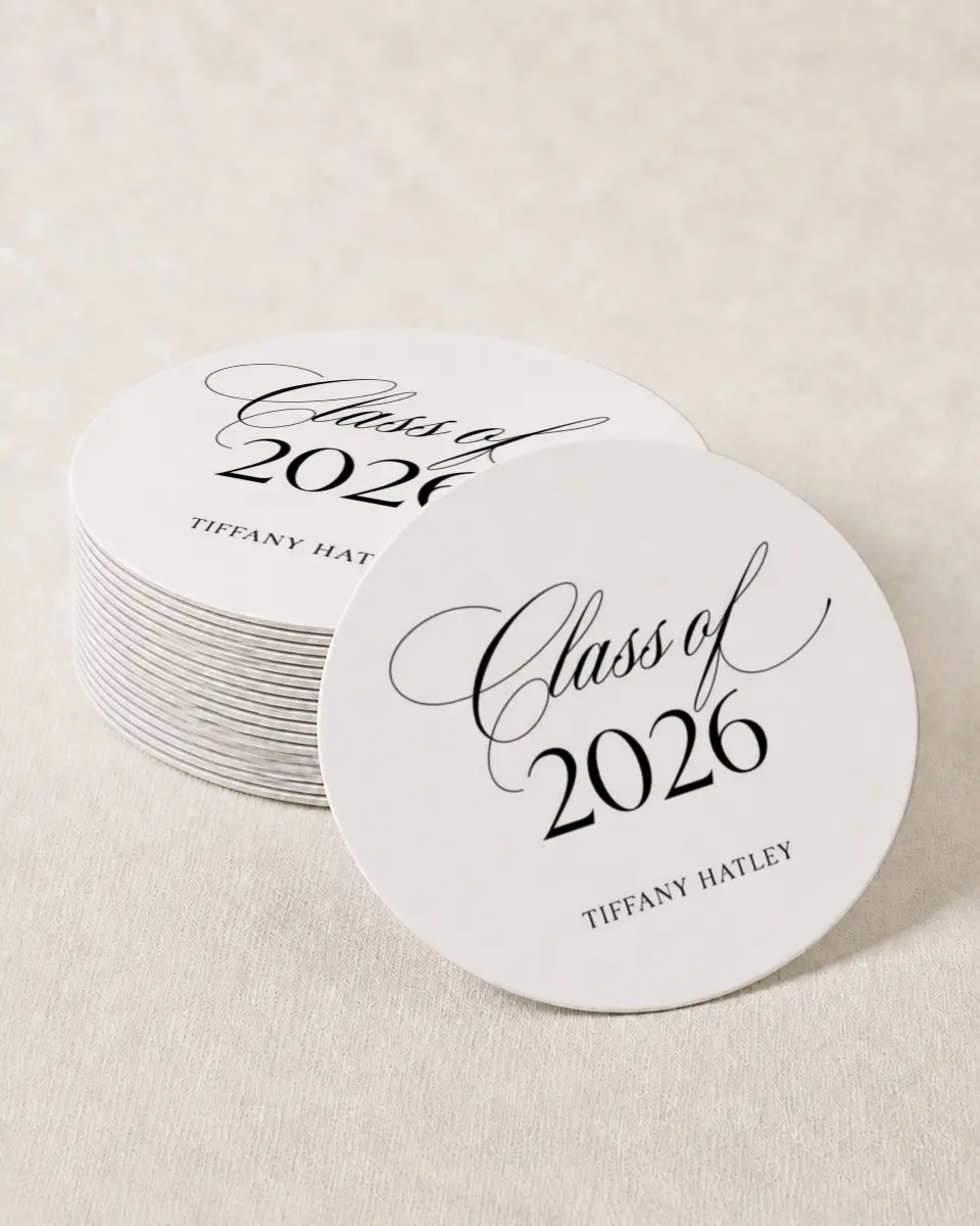 This is a 4" x 4" Wedding Coaster called Graduate Script printed in full color on Kraft Chipboard paper