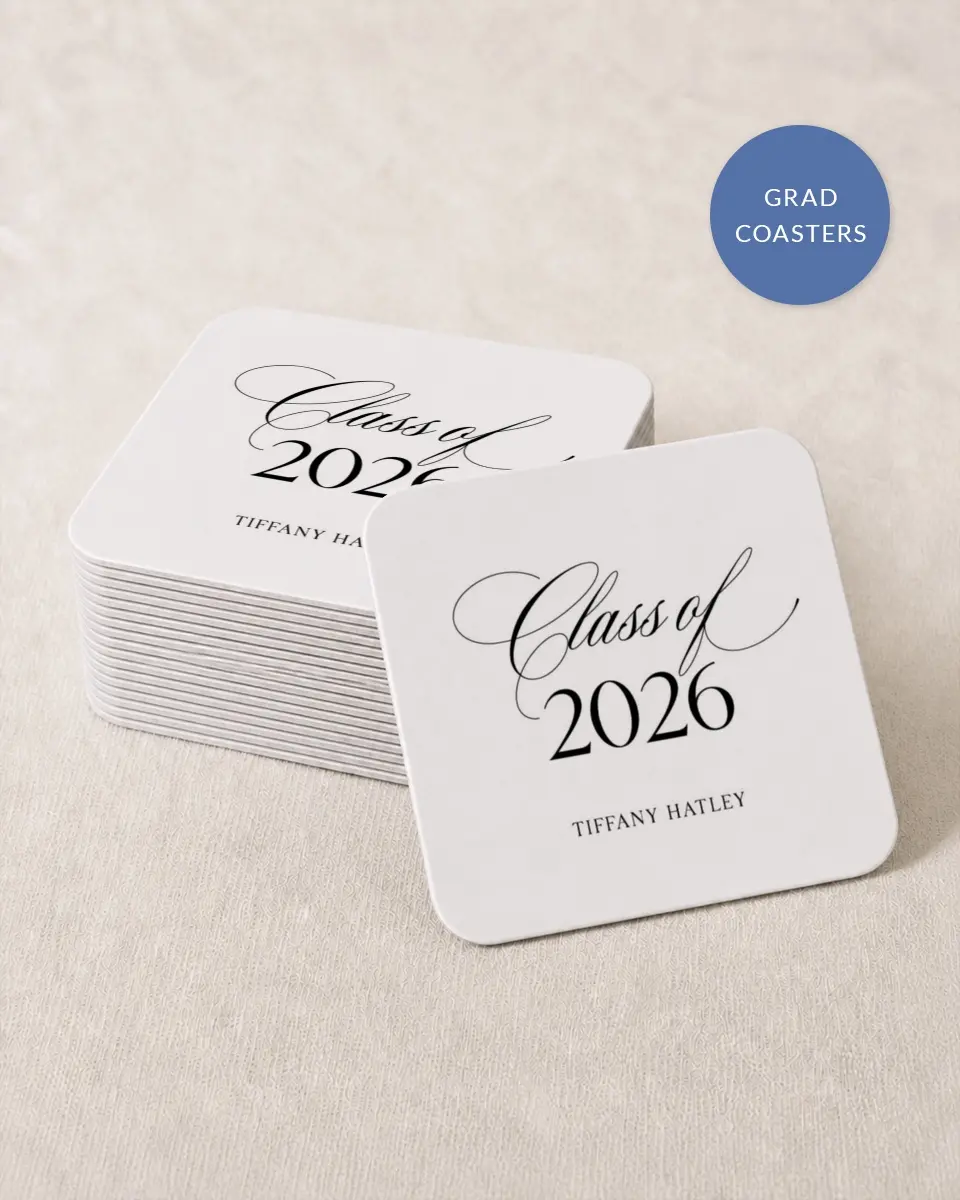 This is a 4" x 4" Wedding Coaster called Graduate Script printed in full color on Kraft Chipboard paper