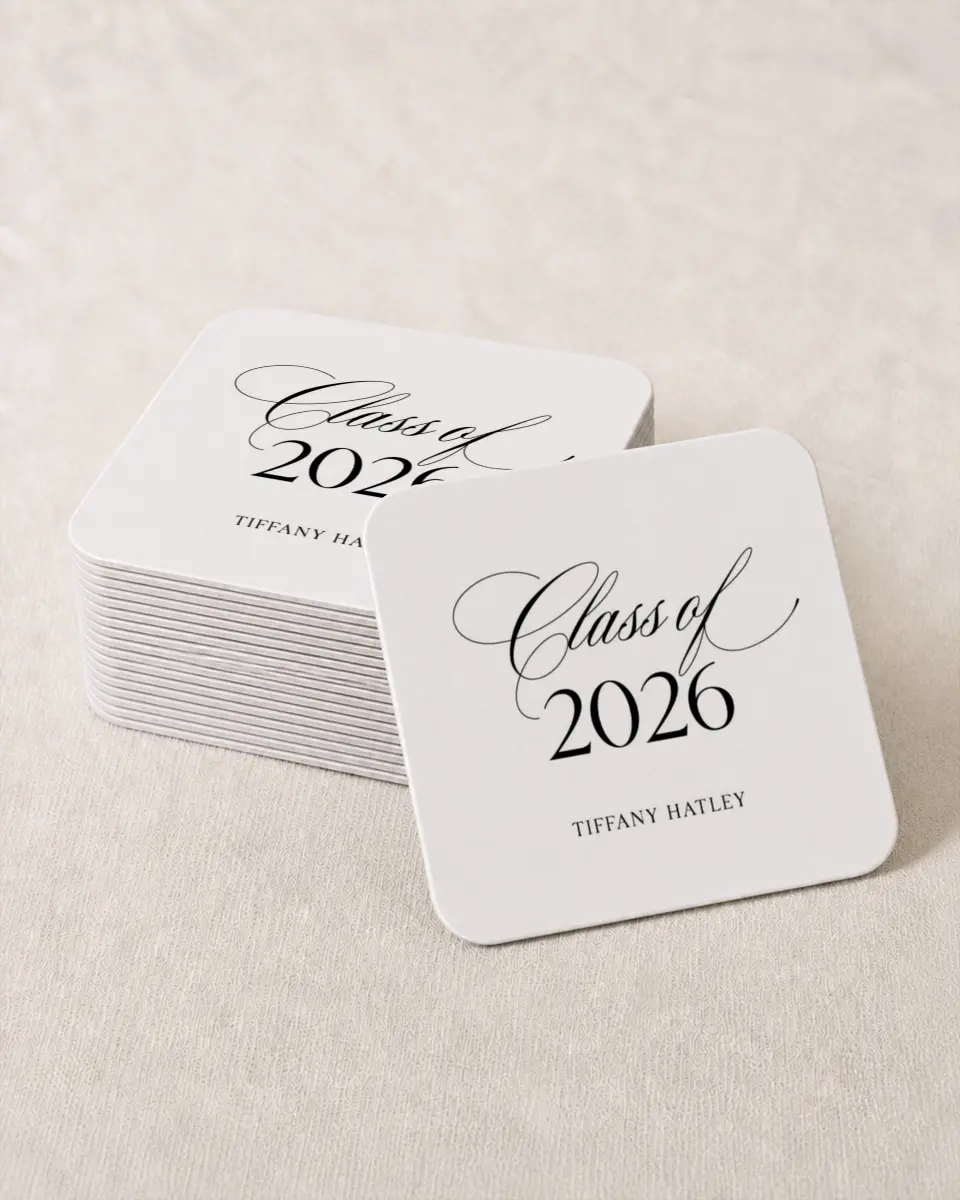 This is a 4" x 4" Wedding Coaster called Graduate Script printed in full color on Kraft Chipboard paper
