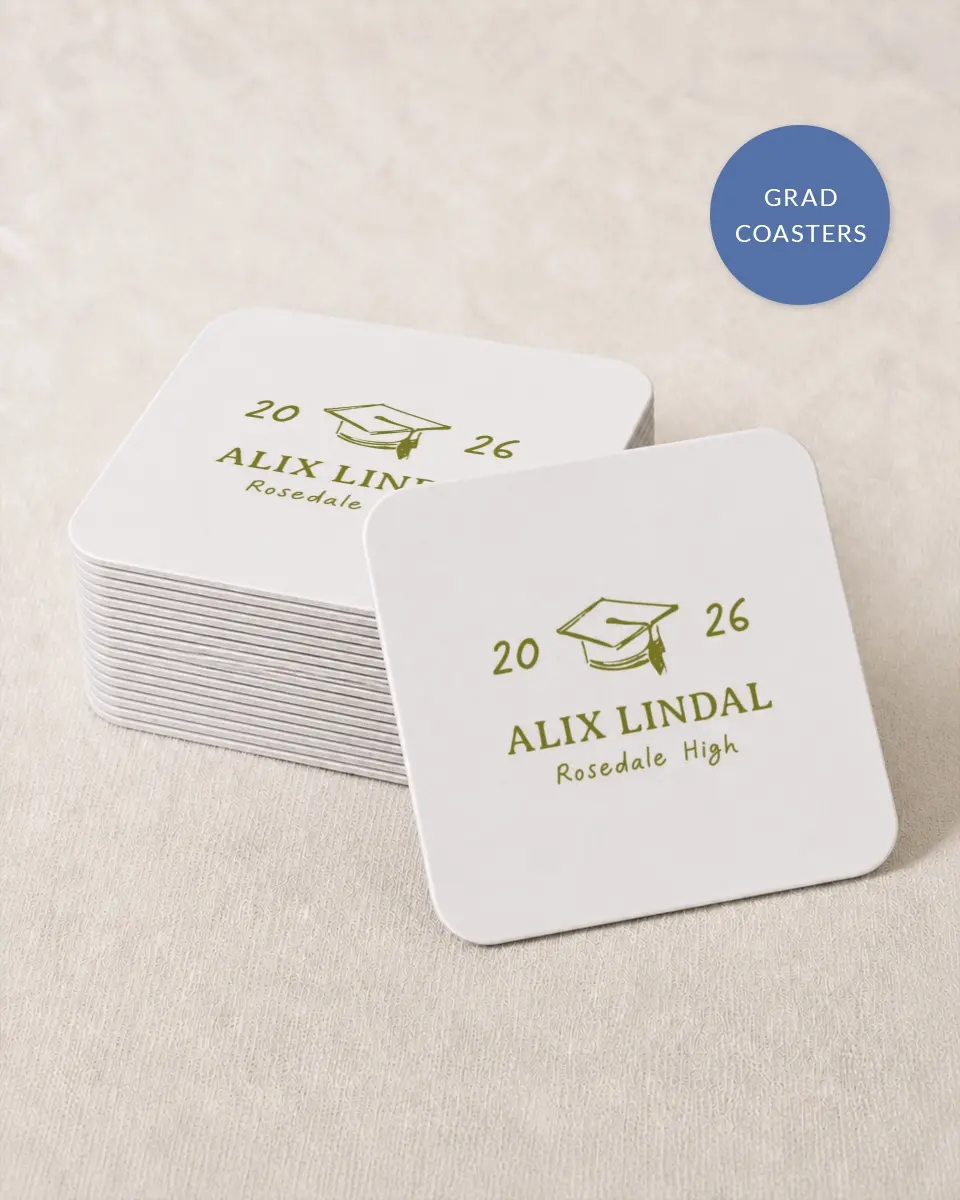 This is a 4" x 4" Wedding Coaster called Grad Frame Art printed in full color on Kraft Chipboard paper