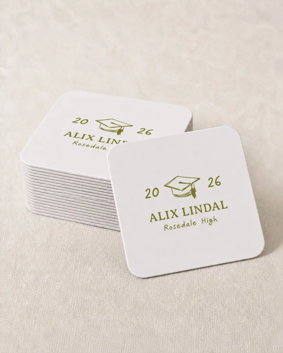 This is a 4" x 4" Wedding Coaster called Grad Frame Art printed in full color on Kraft Chipboard paper