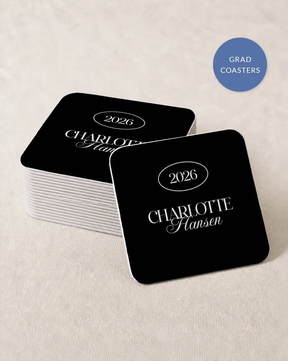 This is a 4" x 4" Wedding Coaster called Retro Grad printed in full color with Silver foil on Kraft Chipboard paper