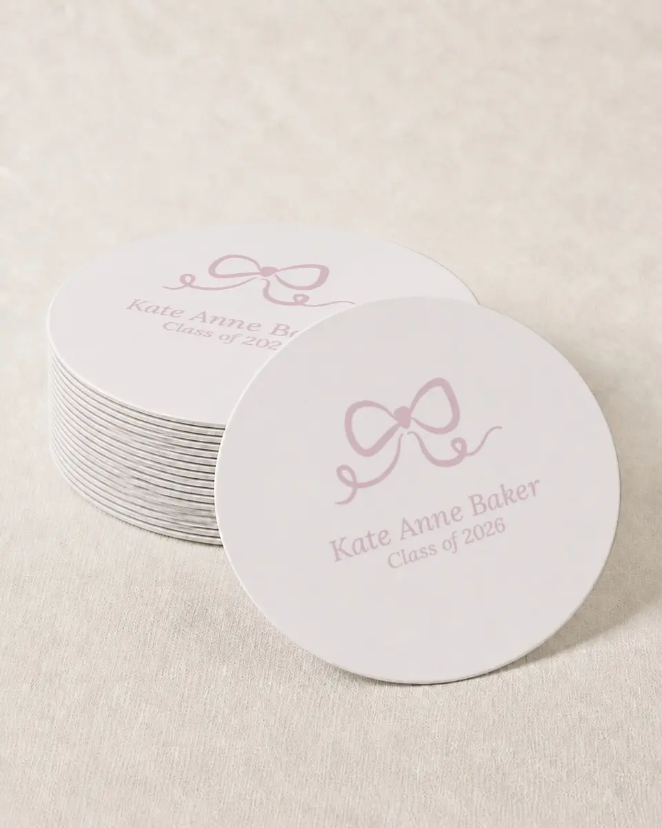 This is a 4" x 4" Wedding Coaster called Bow Grad printed in full color on Kraft Chipboard paper