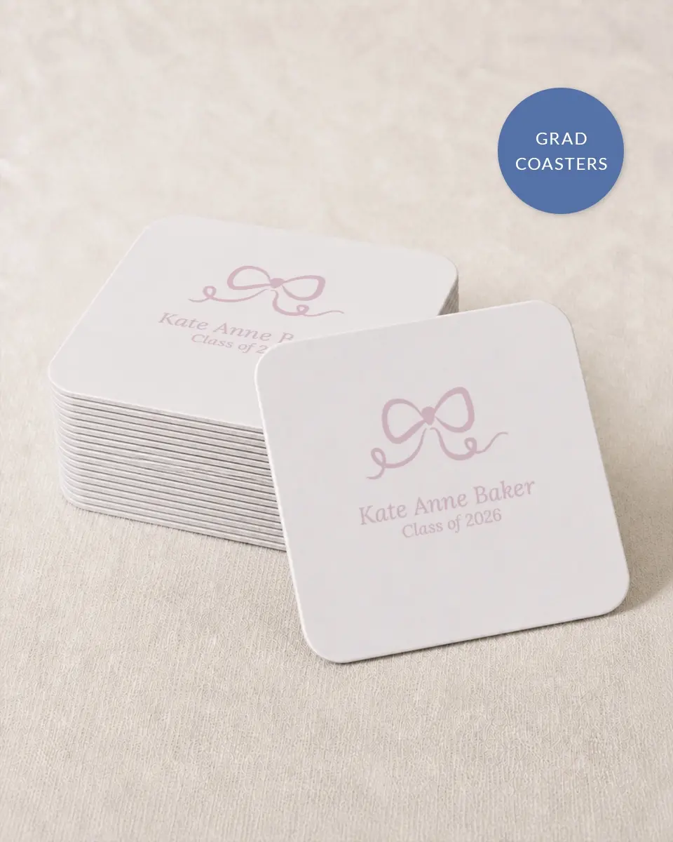 This is a 4" x 4" Wedding Coaster called Bow Grad printed in full color with Silver foil on Kraft Chipboard paper