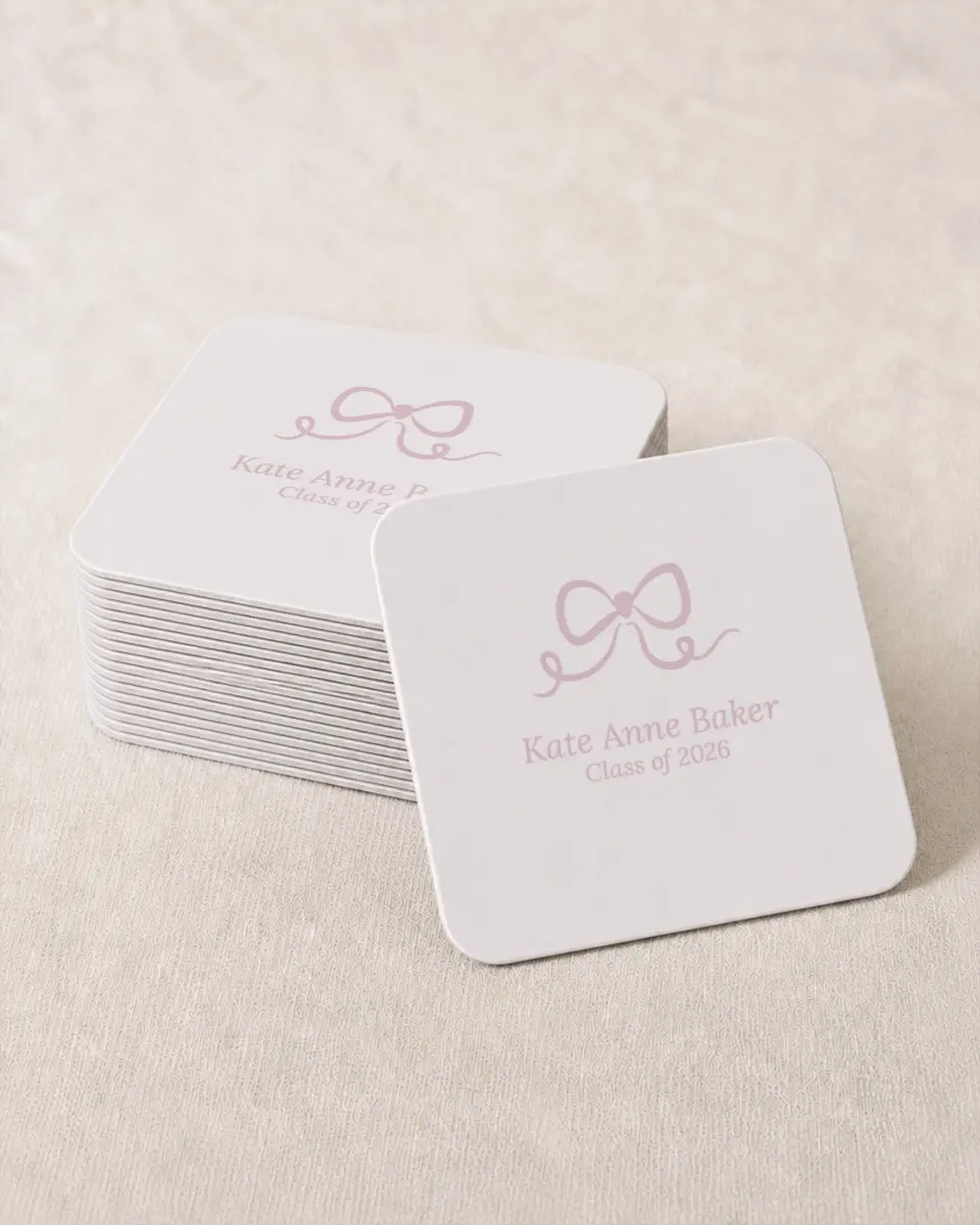 This is a 4" x 4" Wedding Coaster called Bow Grad printed in full color on Kraft Chipboard paper
