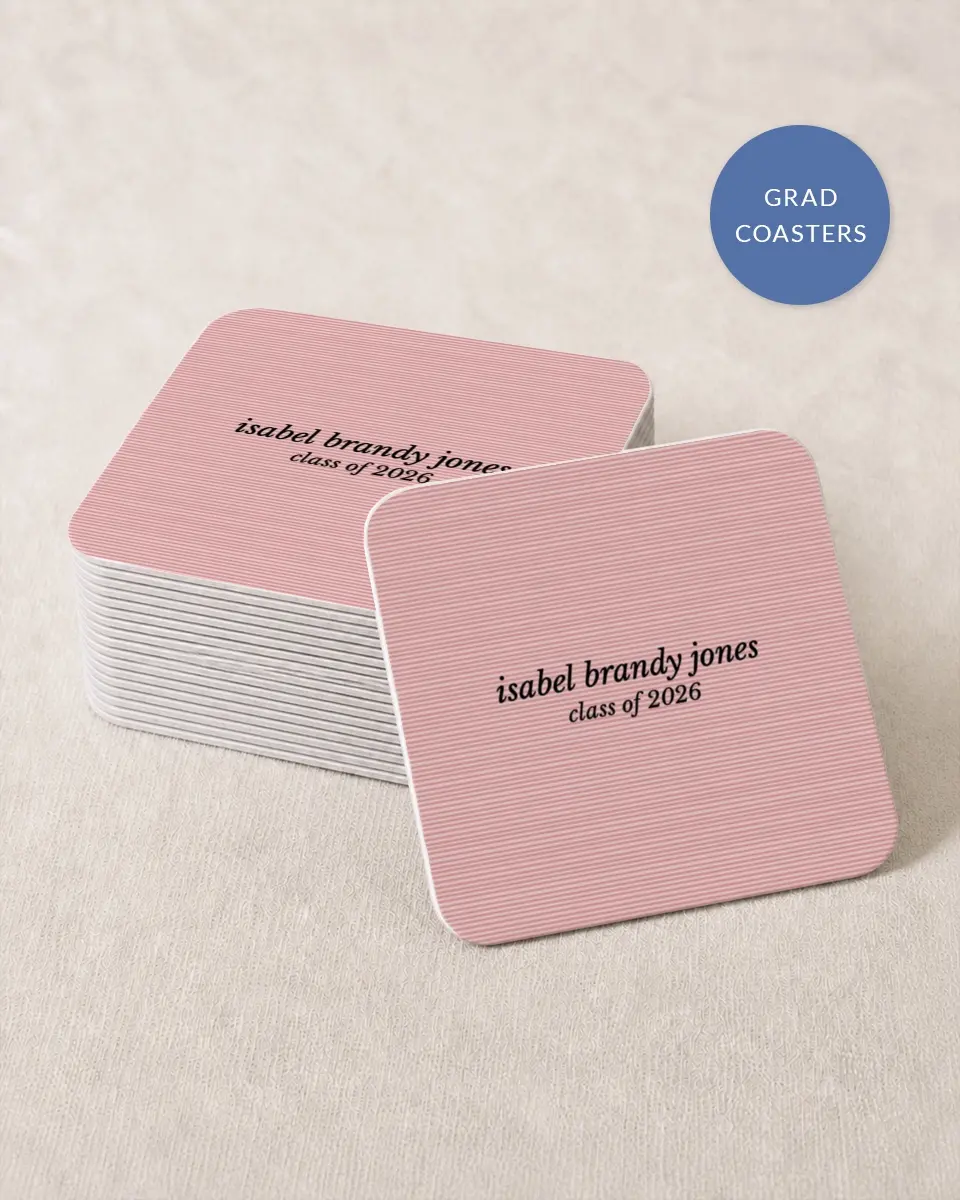 This is a 4" x 4" Wedding Coaster called Snapshot Graduate printed in full color with Rose Gold foil on Kraft Chipboard paper