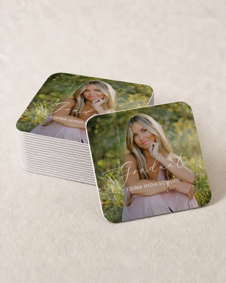 This is a 4" x 4" Wedding Coaster called Refined Moment printed in full color with Rose Gold foil on Kraft Chipboard paper