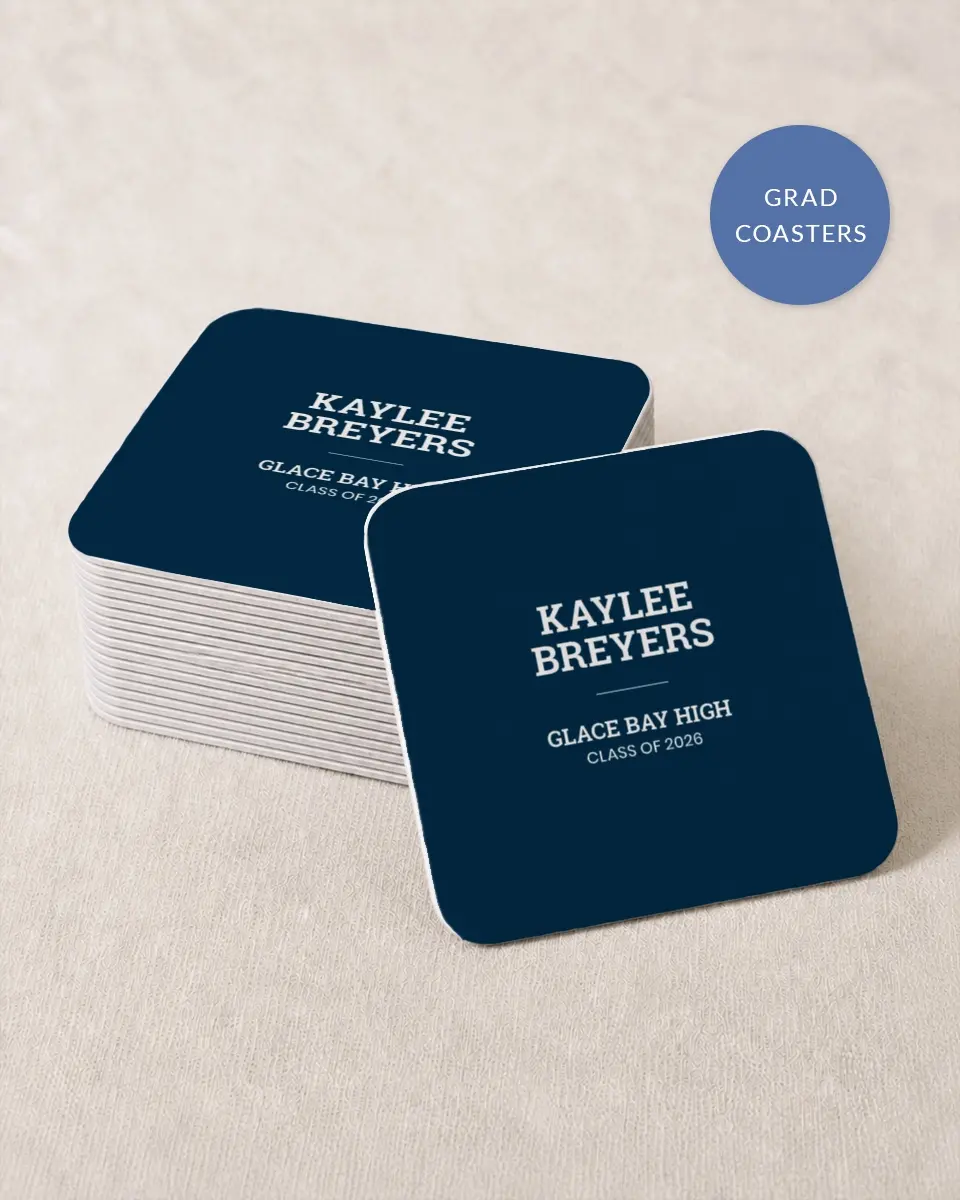 This is a 4" x 4" Wedding Coaster called Sports Graduate printed in full color on Kraft Chipboard paper