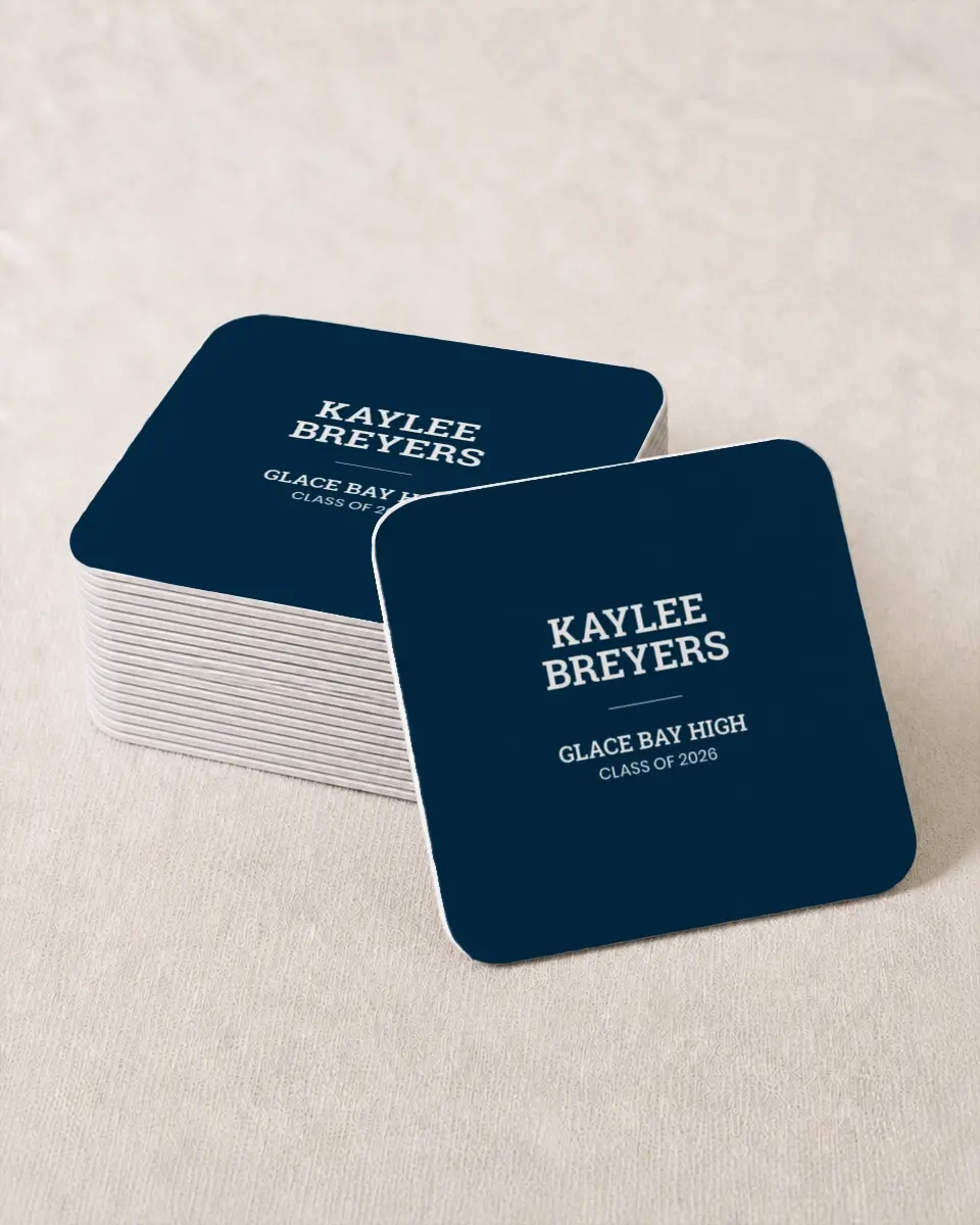 This is a 4" x 4" Wedding Coaster called Sports Graduate printed in full color on Kraft Chipboard paper