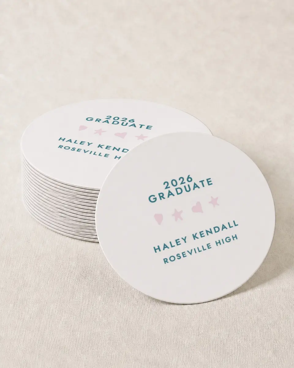 This is a 4" x 4" Wedding Coaster called Fun Grad printed in full color on Kraft Chipboard paper