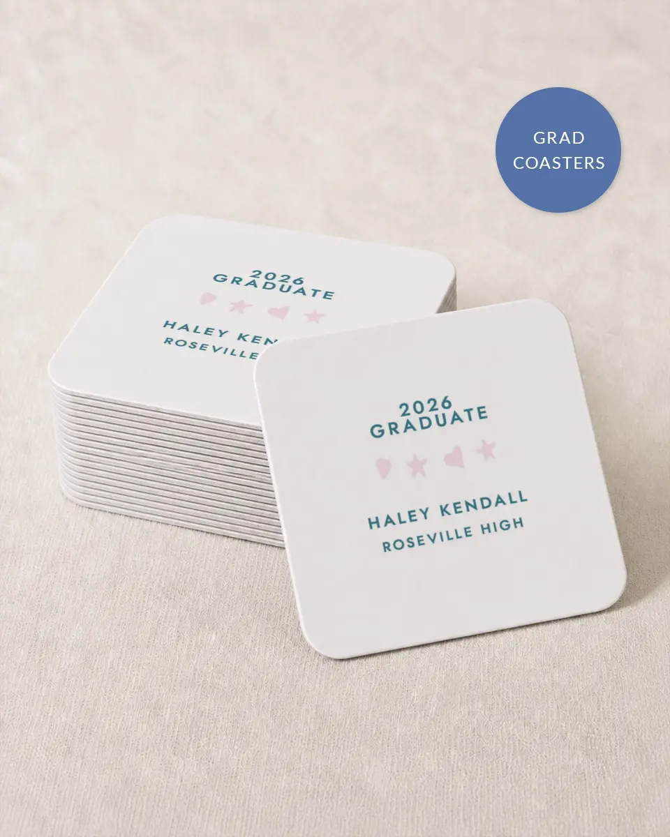 This is a 4" x 4" Wedding Coaster called Fun Grad printed in full color on Kraft Chipboard paper