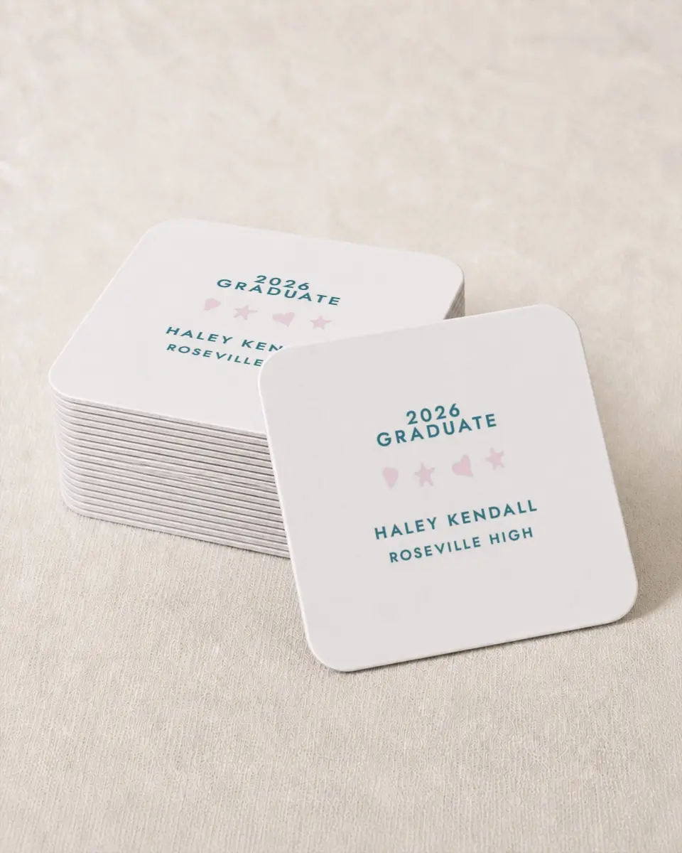 This is a 4" x 4" Wedding Coaster called Fun Grad printed in full color on Kraft Chipboard paper