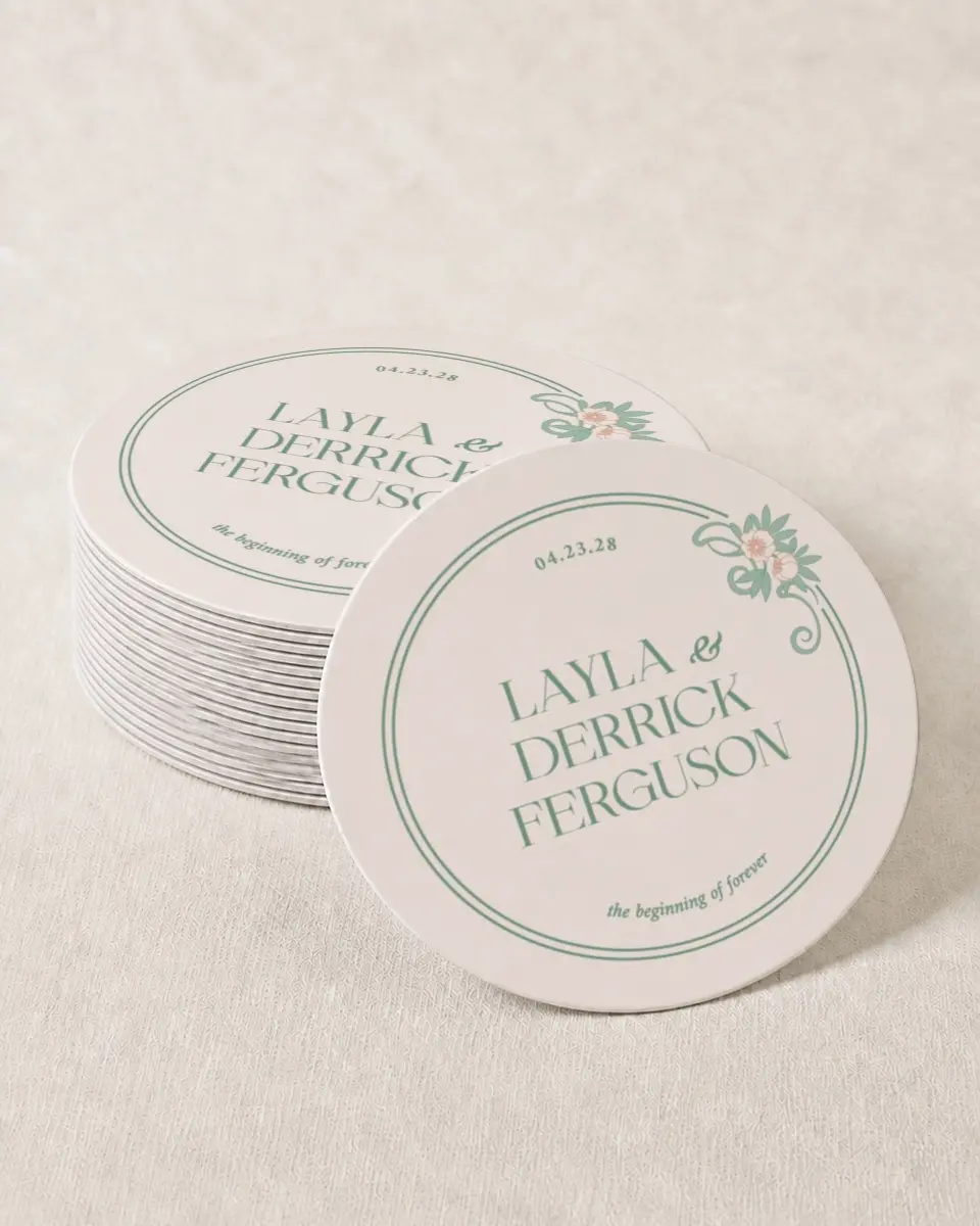 This is a 4" x 4" Wedding Coaster called Vintage Dream printed in full color with Gold foil on Kraft Chipboard paper