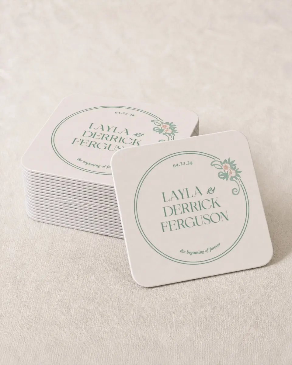 This is a 4" x 4" Wedding Coaster called Vintage Dream printed in full color with Gold foil on Kraft Chipboard paper