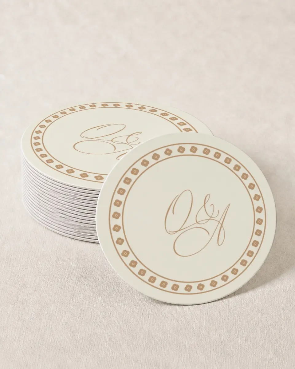 This is a 4" x 4" Wedding Coaster called Beaded Veil printed in full color with Gold foil on Kraft Chipboard paper
