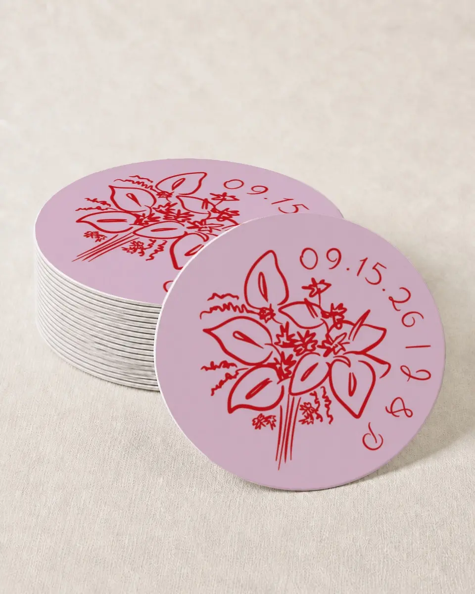 This is a 4" x 4" Wedding Coaster called Flourishing Love printed in full color with Gold foil on Kraft Chipboard paper