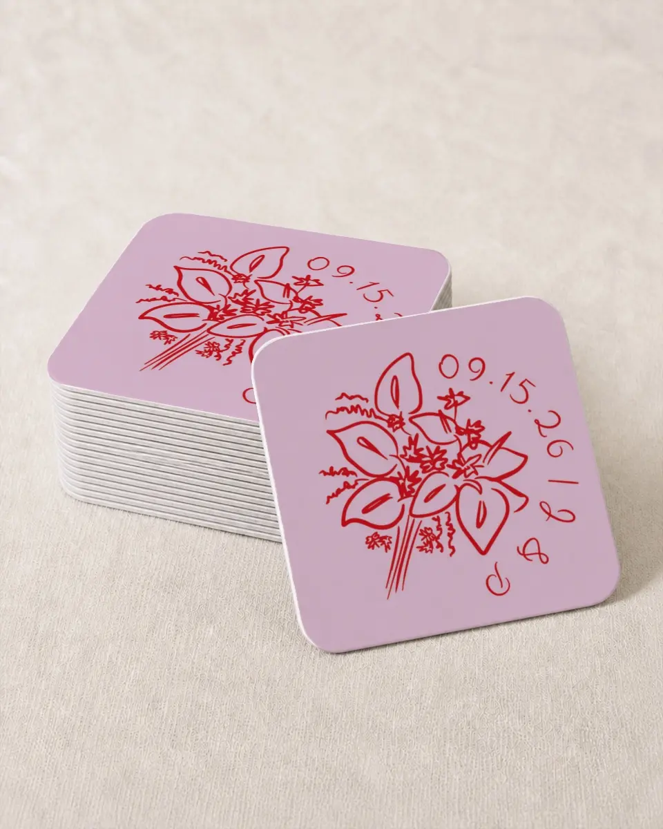 This is a 4" x 4" Wedding Coaster called Flourishing Love printed in full color with Gold foil on Kraft Chipboard paper