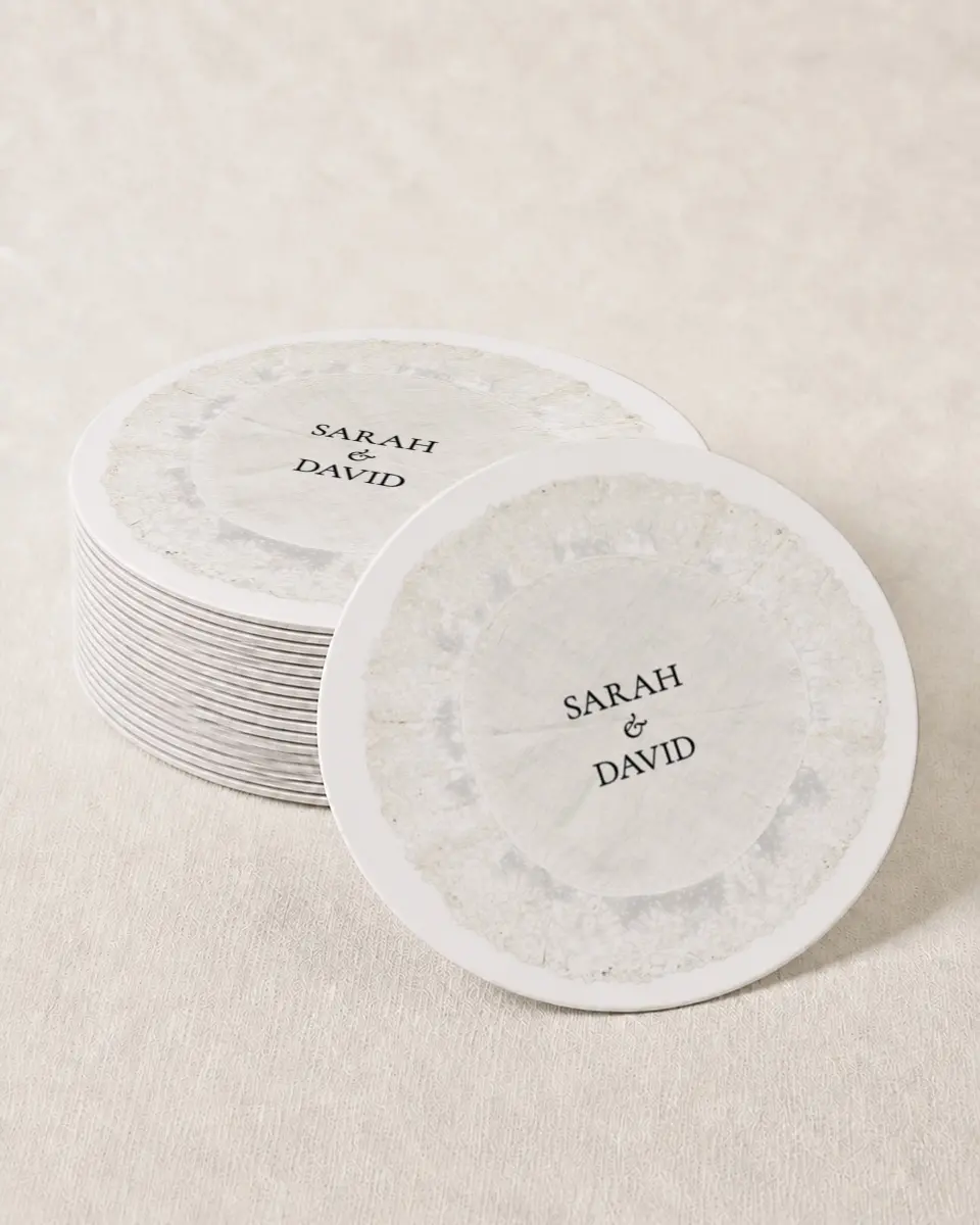 This is a 4" x 4" Wedding Coaster called Trimmed Lace printed in full color with Gold foil on Kraft Chipboard paper