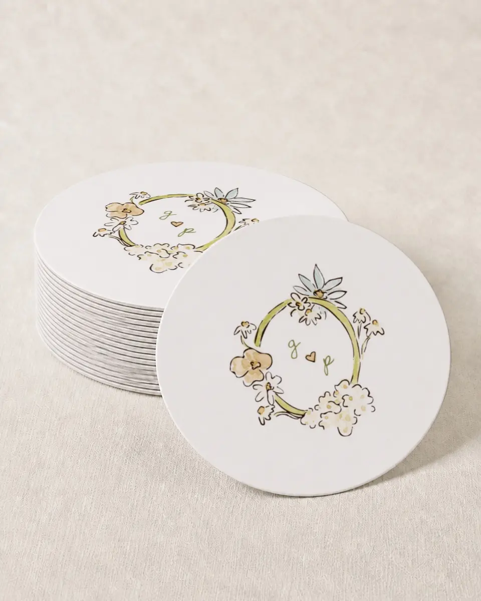 This is a 4" x 4" Wedding Coaster called Soft Garden Vows printed in full color with Gold foil on Kraft Chipboard paper