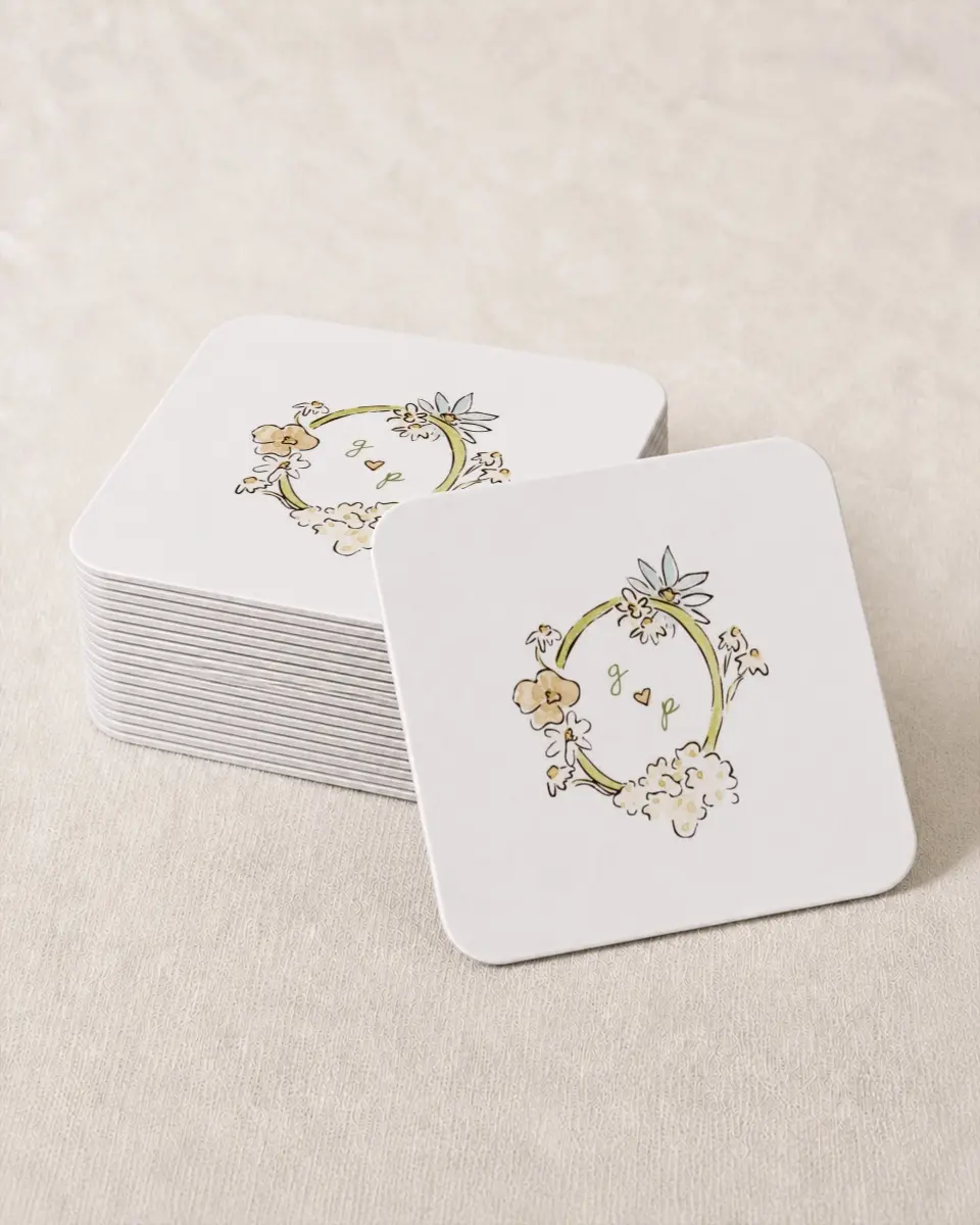 This is a 4" x 4" Wedding Coaster called Soft Garden Vows printed in full color with Gold foil on Kraft Chipboard paper