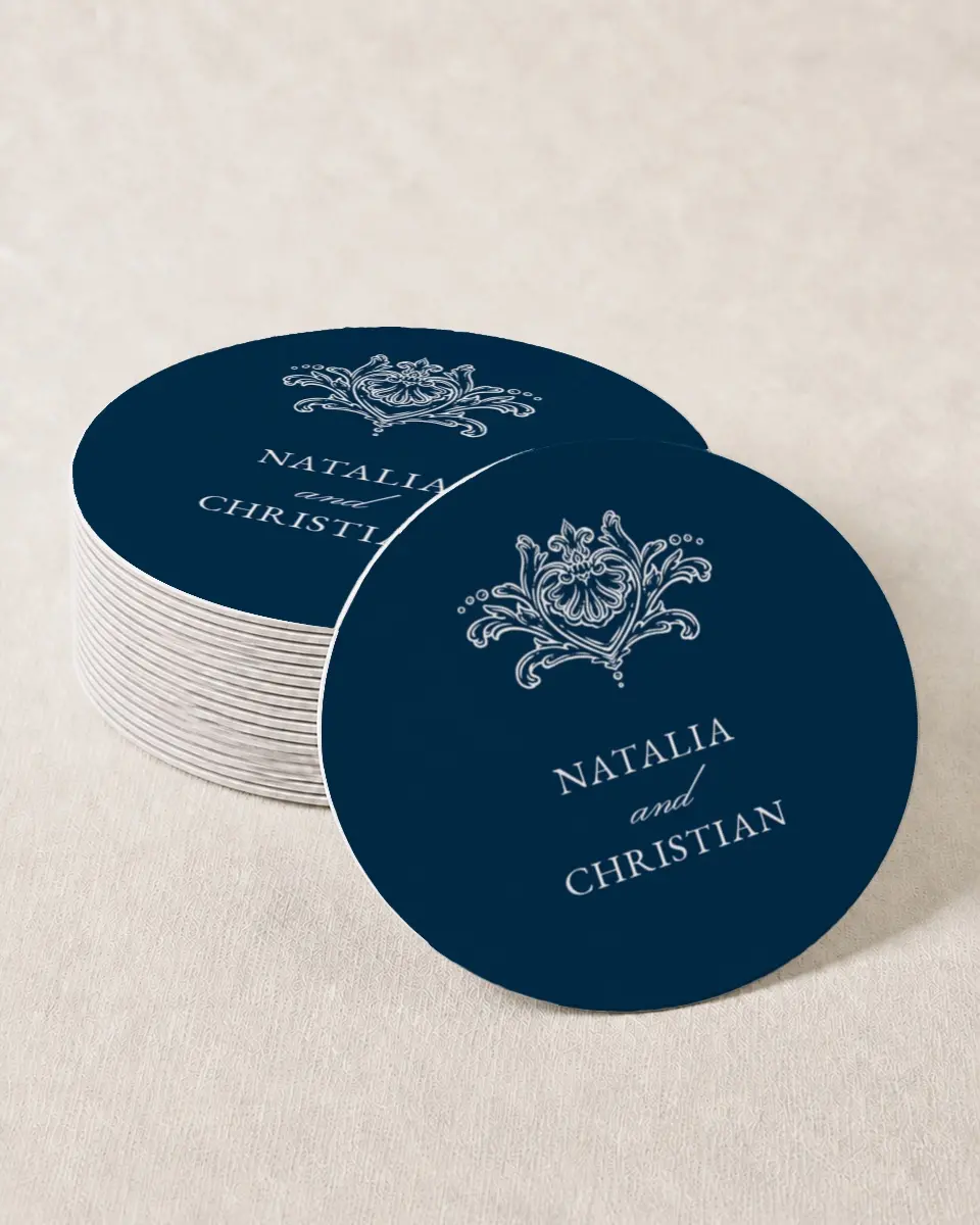 This is a 4" x 4" Wedding Coaster called Heirloom Crest printed in full color with Gold foil on Kraft Chipboard paper